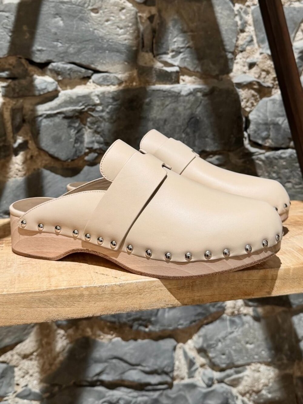 Hermès Beige Leather Calya Studded Clog Mules